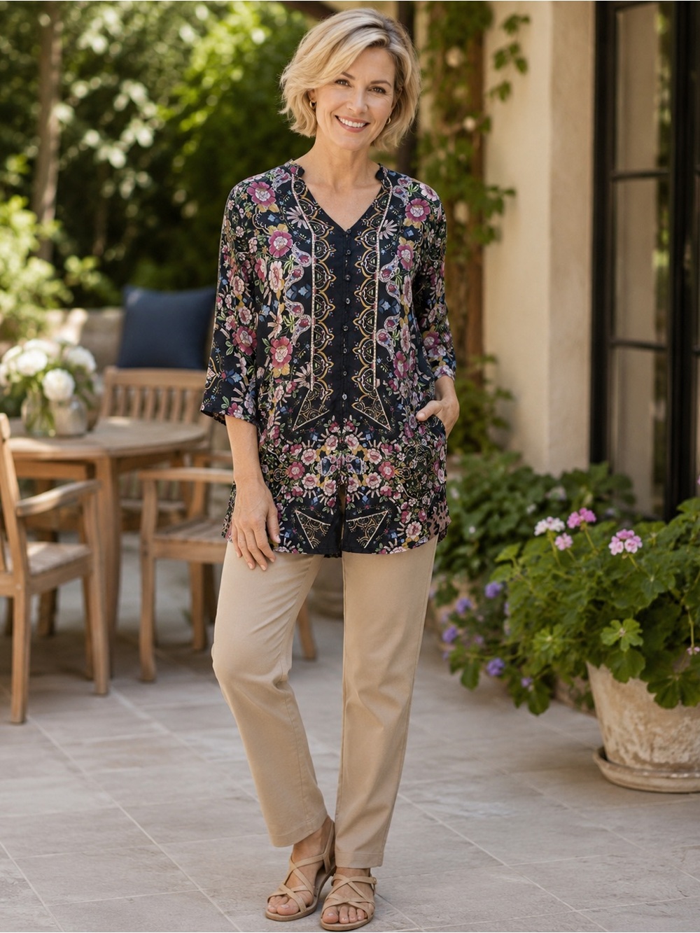 Johnny Was Silk Blouse XS Black Floral Paisley Button Down V Neck